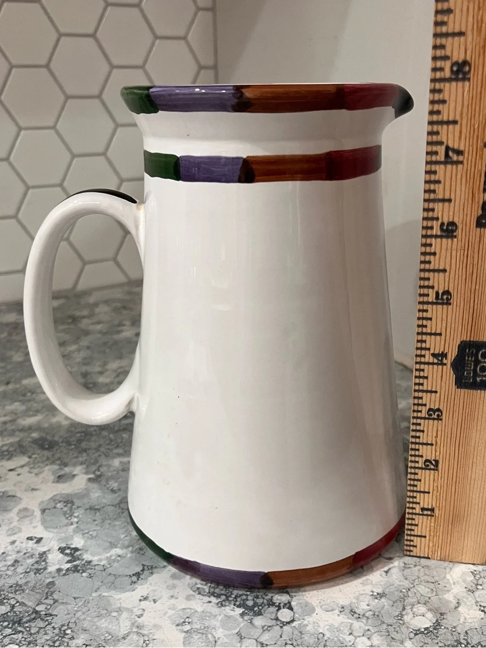 8” white pitcher. Circo by Bill Goldsmith for Deruta, Italy collection. Mint.